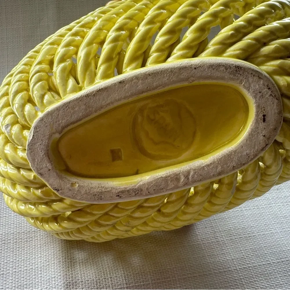 Spanish Yellow Woven Porcelain Basket with Handle and Flowers